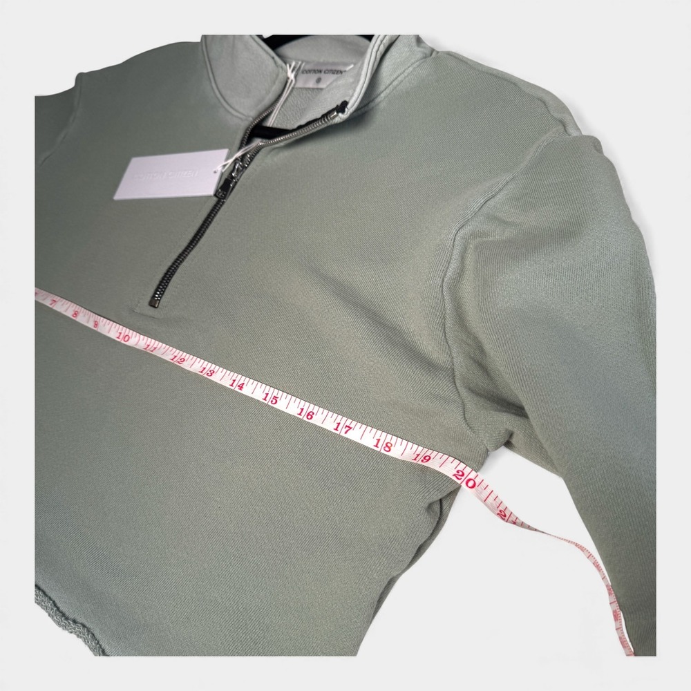 COTTON CITIZEN Cropped Quarter Zip‎ Sweatshirt Light Sage Green Raw Hem Size S - Picture 3 of 8